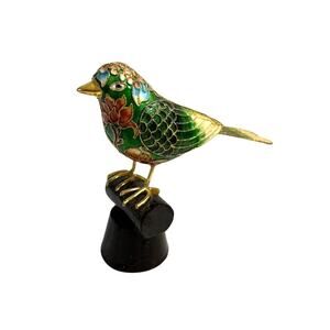 Vintage Cloisonne Bird Chinese Gold Coral Enamel Gold Embellised Figurine Branch